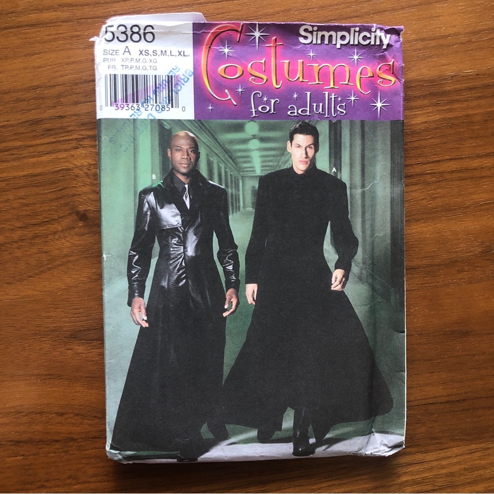 Matrix Adult Costume Pattern Simplicity ✨ Patterns 5386 Uncut ✨ A (XS-S-M-L-XL)